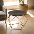 Black Round Marble Top Coffee Table With Matte Gold Geometric Metal Frame, Varana