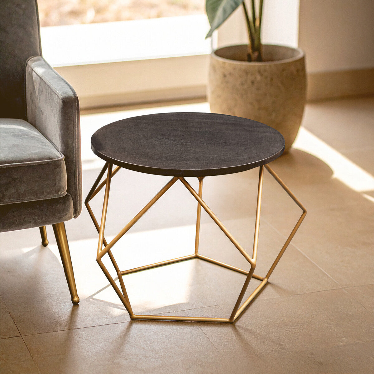 Black Round Marble Top Coffee Table With Matte Gold Geometric Metal Frame, Varana
