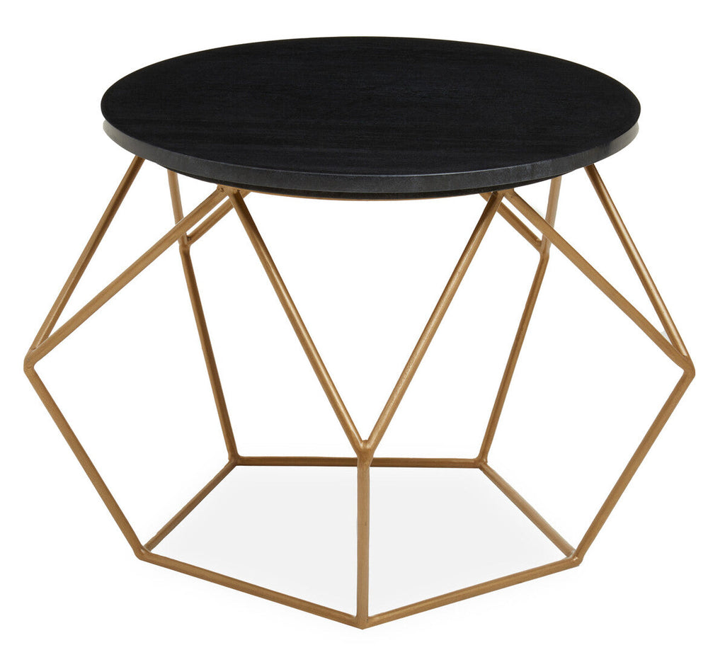 Black Round Marble Top Coffee Table With Matte Gold Geometric Metal Frame, Varana