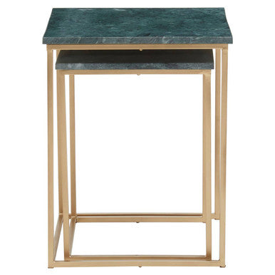 Nest Of 2 Green Marble Top Side Tables With Gold Metal Bases, Mandoli