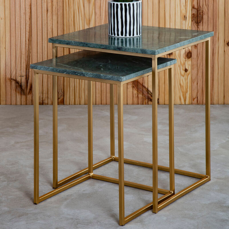 Nest Of 2 Green Marble Top Side Tables With Gold Metal Bases, Mandoli