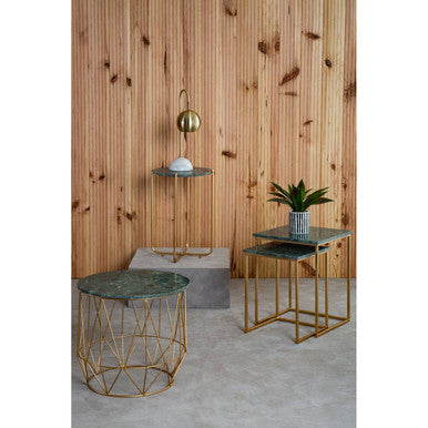Nest Of 2 Green Marble Top Side Tables With Gold Metal Bases, Mandoli