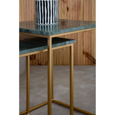 Nest Of 2 Green Marble Top Side Tables With Gold Metal Bases, Mandoli