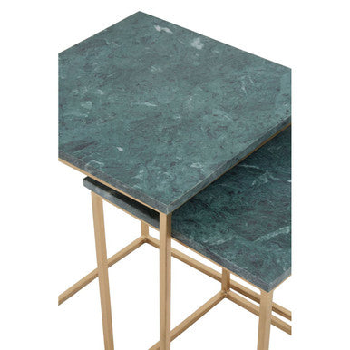 Nest Of 2 Green Marble Top Side Tables With Gold Metal Bases, Mandoli