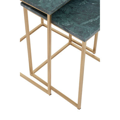 Nest Of 2 Green Marble Top Side Tables With Gold Metal Bases, Mandoli