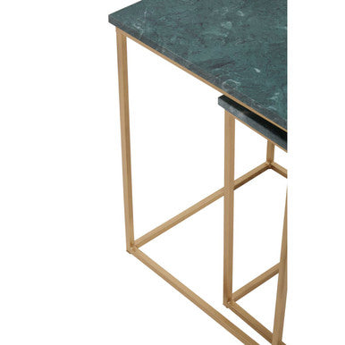 Nest Of 2 Green Marble Top Side Tables With Gold Metal Bases, Mandoli