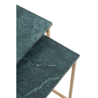 Nest Of 2 Green Marble Top Side Tables With Gold Metal Bases, Mandoli