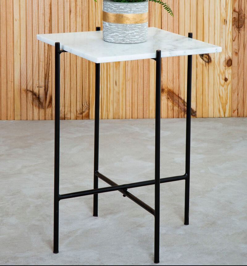White Marble Square Top Side Table With Sleek Black Iron Base, Mandoli