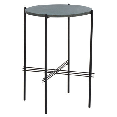 Green Marble Top Round Side Table With Black Iron Crisscross Base, Mandoli