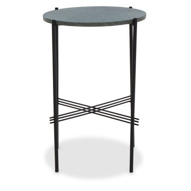 Green Marble Top Round Side Table With Black Iron Crisscross Base, Mandoli