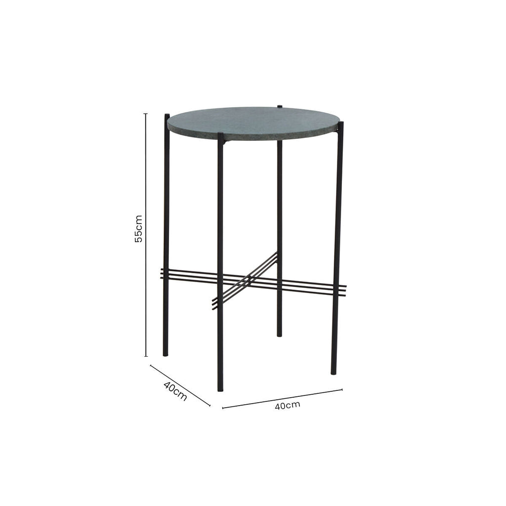 Green Marble Top Round Side Table With Black Iron Crisscross Base, Mandoli