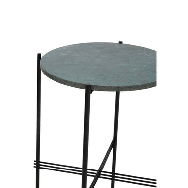 Green Marble Top Round Side Table With Black Iron Crisscross Base, Mandoli
