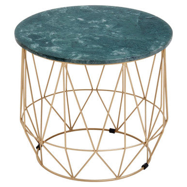 Green Marble Round Top Side Table With Sleek Cage Style Gold Metal Frame, Mandoli