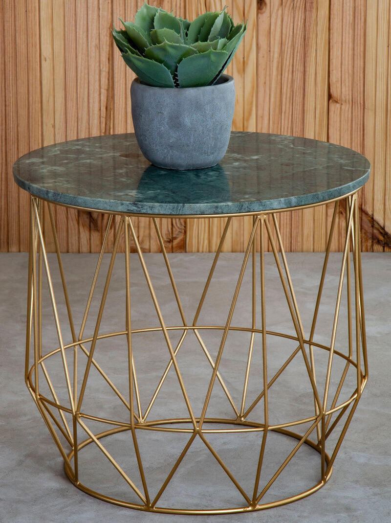 Green Marble Round Top Side Table With Sleek Cage Style Gold Metal Frame, Mandoli