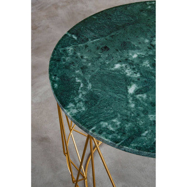 Green Marble Round Top Side Table With Sleek Cage Style Gold Metal Frame, Mandoli