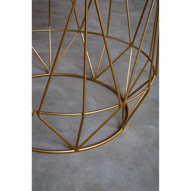 Green Marble Round Top Side Table With Sleek Cage Style Gold Metal Frame, Mandoli