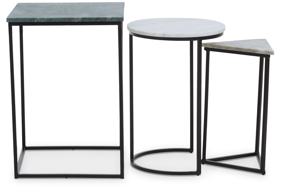 Marble Top Nest Of 3 Tables With Black Metal Bases In Assorted Tones & Shapes, Mandoli
