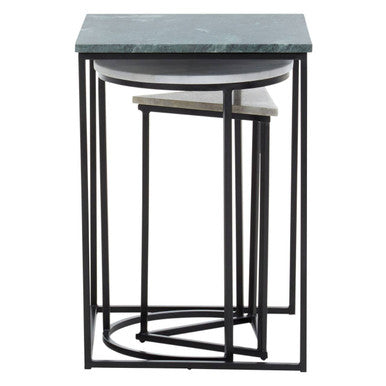 Marble Top Nest Of 3 Tables With Black Metal Bases In Assorted Tones & Shapes, Mandoli