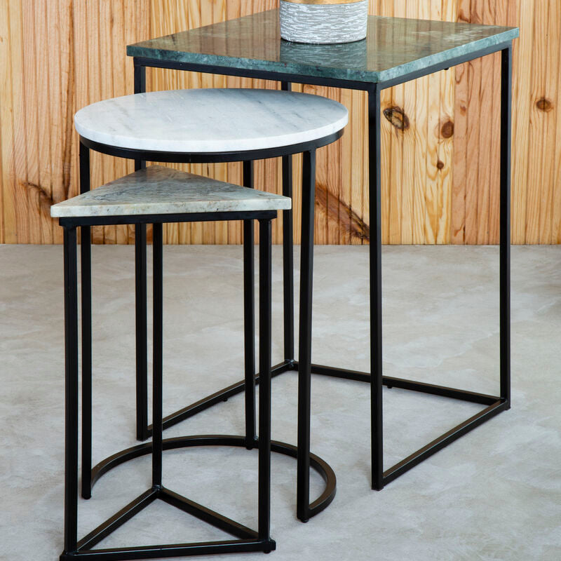 Marble Top Nest Of 3 Tables With Black Metal Bases In Assorted Tones & Shapes, Mandoli
