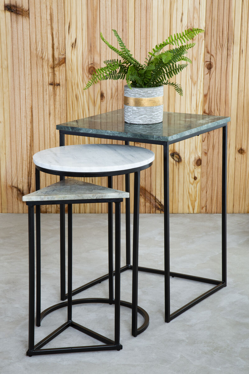 Marble Top Nest Of 3 Tables With Black Metal Bases In Assorted Tones & Shapes, Mandoli