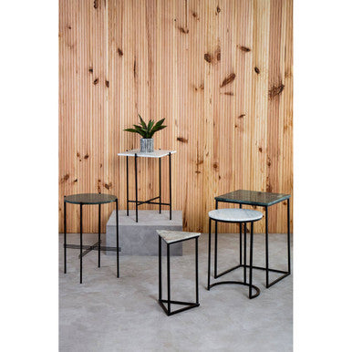 Marble Top Nest Of 3 Tables With Black Metal Bases In Assorted Tones & Shapes, Mandoli
