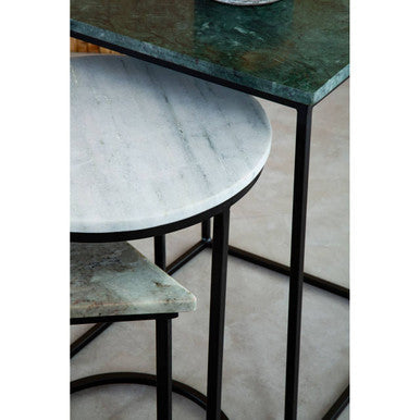 Marble Top Nest Of 3 Tables With Black Metal Bases In Assorted Tones & Shapes, Mandoli
