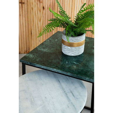 Marble Top Nest Of 3 Tables With Black Metal Bases In Assorted Tones & Shapes, Mandoli