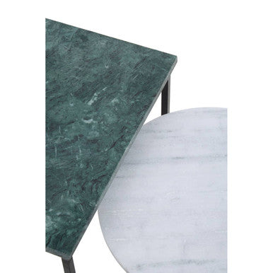 Marble Top Nest Of 3 Tables With Black Metal Bases In Assorted Tones & Shapes, Mandoli