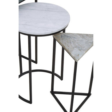 Marble Top Nest Of 3 Tables With Black Metal Bases In Assorted Tones & Shapes, Mandoli
