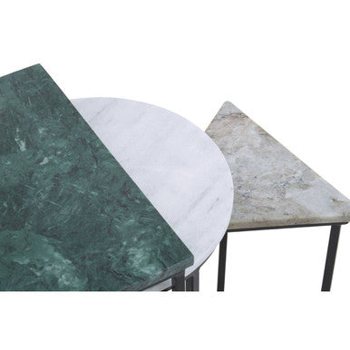 Marble Top Nest Of 3 Tables With Black Metal Bases In Assorted Tones & Shapes, Mandoli