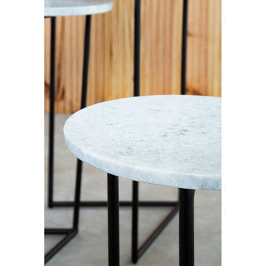 Nest Of 3 White Marble Top Side Tables With Black Metal Triangular Bases, Mandoli