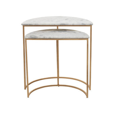 Nest Of 2 White Marble Top Semicircular Side Tables With Gold Metal Open Frames, Mandoli