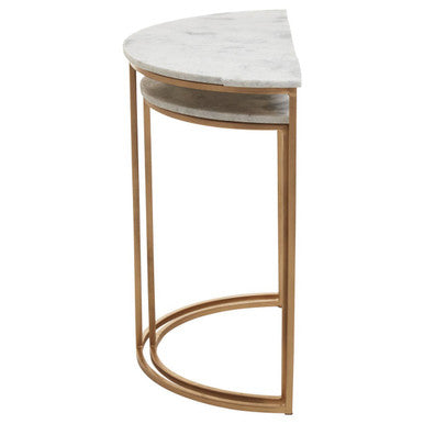 Nest Of 2 White Marble Top Semicircular Side Tables With Gold Metal Open Frames, Mandoli