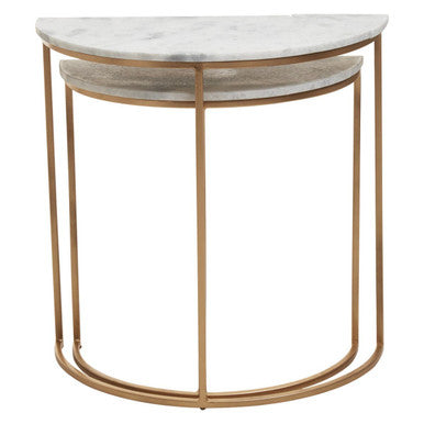 Nest Of 2 White Marble Top Semicircular Side Tables With Gold Metal Open Frames, Mandoli