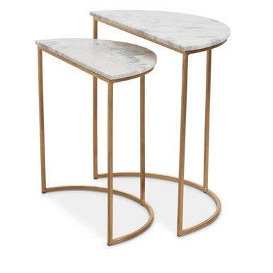 Nest Of 2 White Marble Top Semicircular Side Tables With Gold Metal Open Frames, Mandoli
