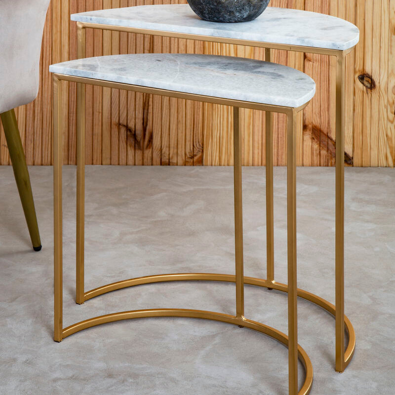 Nest Of 2 White Marble Top Semicircular Side Tables With Gold Metal Open Frames, Mandoli