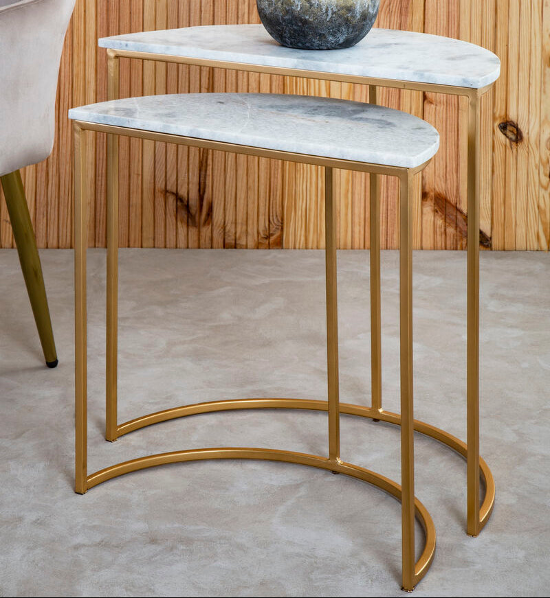 Nest Of 2 White Marble Top Semicircular Side Tables With Gold Metal Open Frames, Mandoli