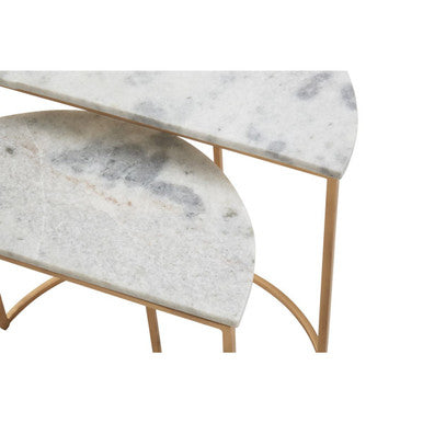 Nest Of 2 White Marble Top Semicircular Side Tables With Gold Metal Open Frames, Mandoli