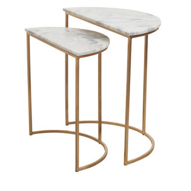 Nest Of 2 White Marble Top Semicircular Side Tables With Gold Metal Open Frames, Mandoli