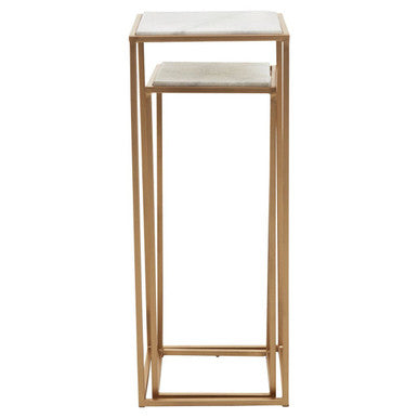 Nest Of 2 White Marble Square Top Side Tables With Gold Metal Frame, Mandoli