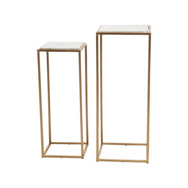 Nest Of 2 White Marble Square Top Side Tables With Gold Metal Frame, Mandoli