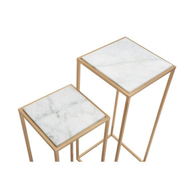 Nest Of 2 White Marble Square Top Side Tables With Gold Metal Frame, Mandoli