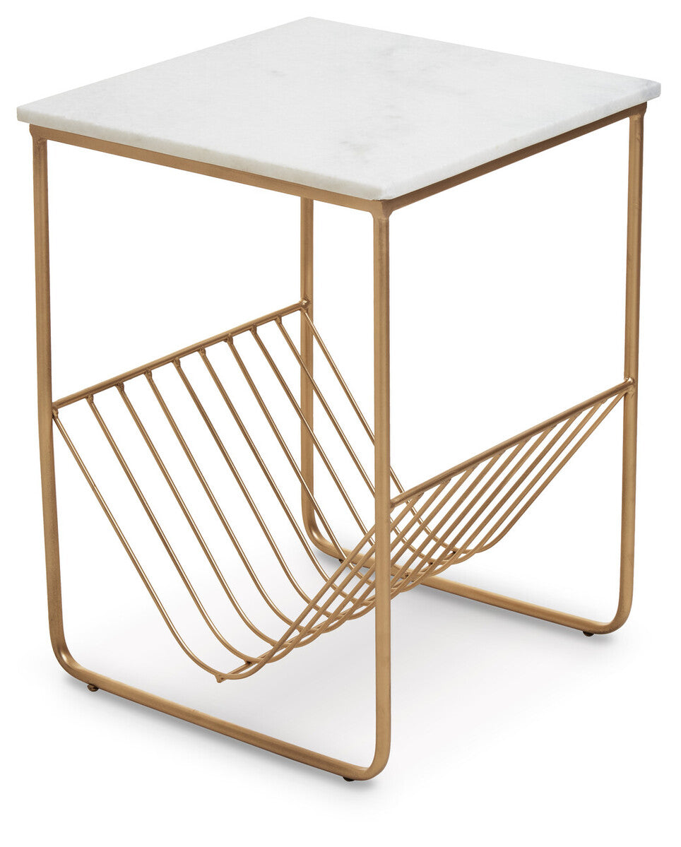 White Marble Top Side Table With Interconnected Gold Metal Frame & Open Rack Storage, Mandoli