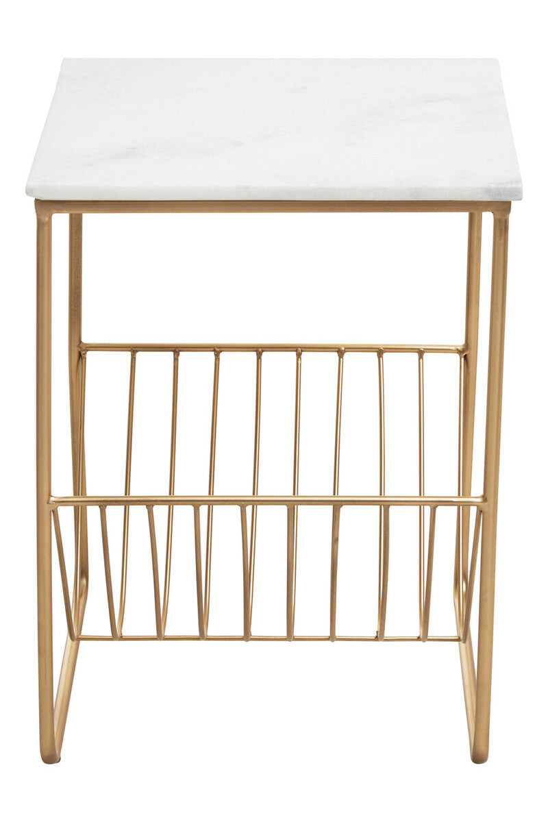 White Marble Top Side Table With Interconnected Gold Metal Frame & Open Rack Storage, Mandoli