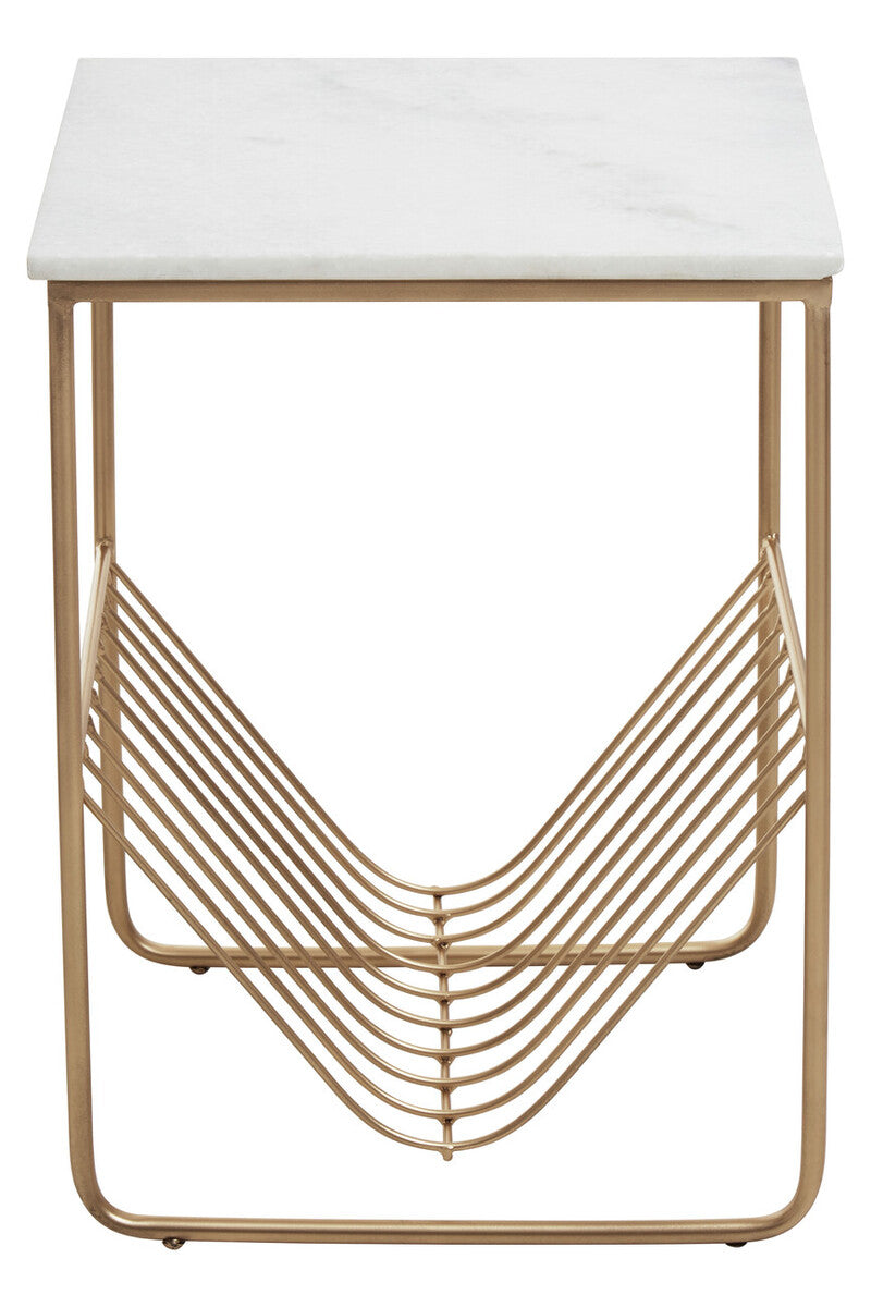 White Marble Top Side Table With Interconnected Gold Metal Frame & Open Rack Storage, Mandoli