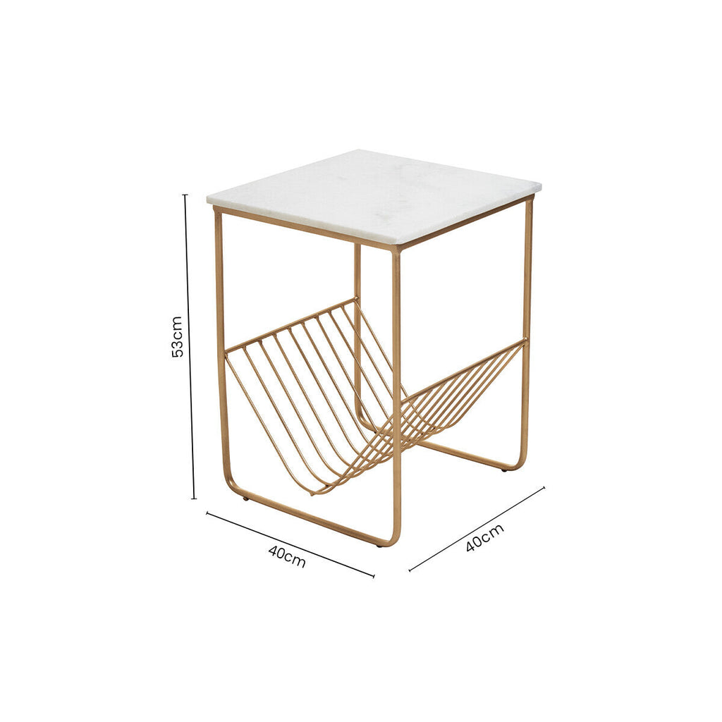 White Marble Top Side Table With Interconnected Gold Metal Frame & Open Rack Storage, Mandoli
