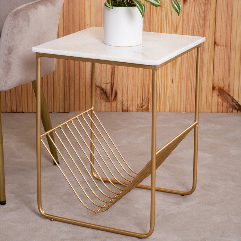 White Marble Top Side Table With Interconnected Gold Metal Frame & Open Rack Storage, Mandoli