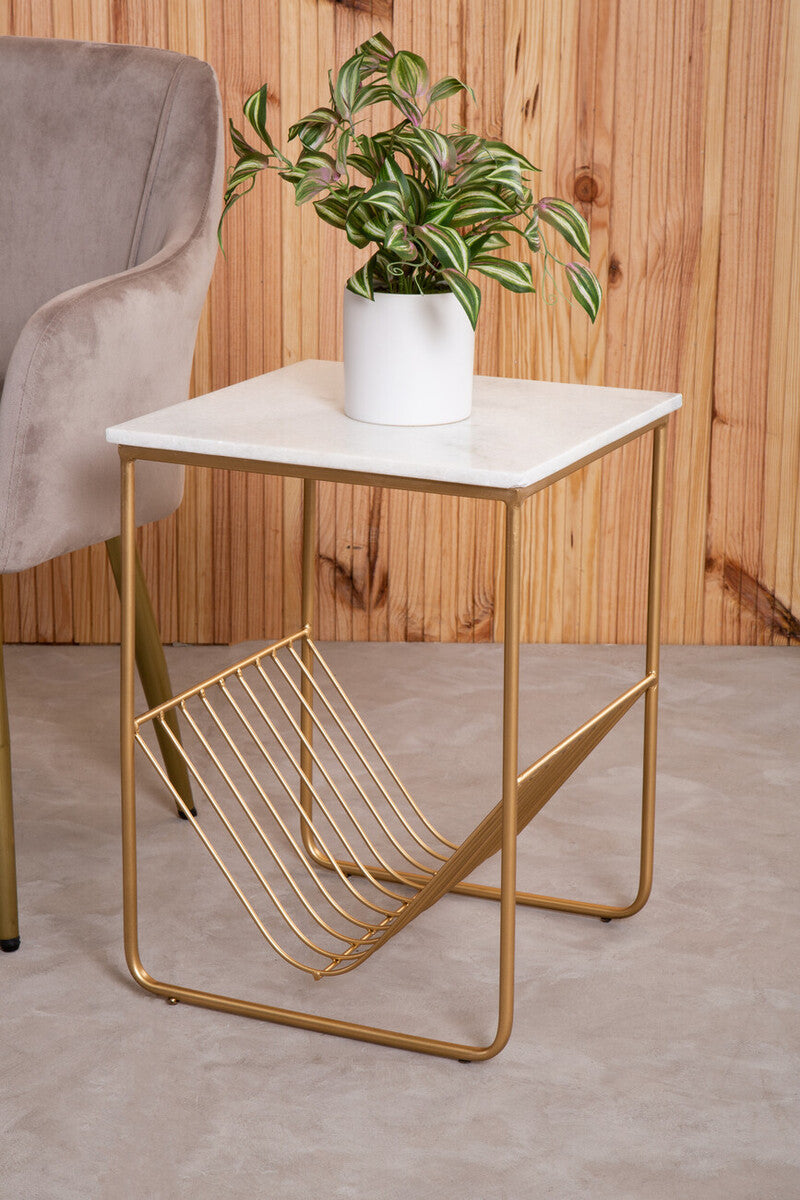 White Marble Top Side Table With Interconnected Gold Metal Frame & Open Rack Storage, Mandoli