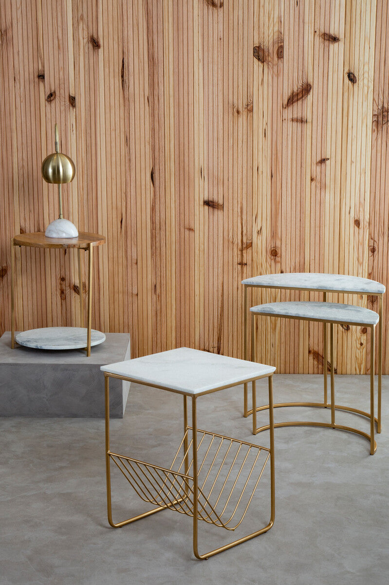White Marble Top Side Table With Interconnected Gold Metal Frame & Open Rack Storage, Mandoli