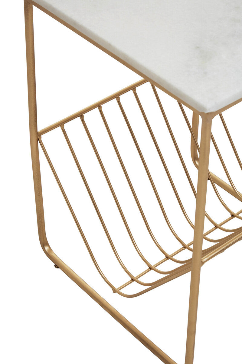 White Marble Top Side Table With Interconnected Gold Metal Frame & Open Rack Storage, Mandoli